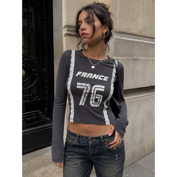 Edikted Tops - Edikted France 76 Lace Trim Gray Long Sleeve Graphic Crop Top Baby Tee Small Y2K